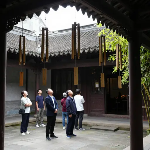 游客在庭院中驻足，聆听竹制风铃发出的悦耳声音。