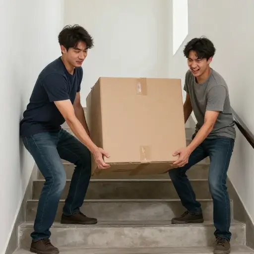 我们不得不把沉重的箱子拖上楼梯。