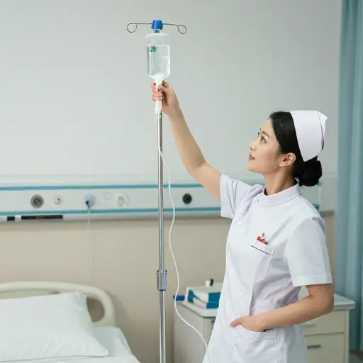 一名护士正在调整一个悬挂在复杂管道阵列上的静脉输液瓶。