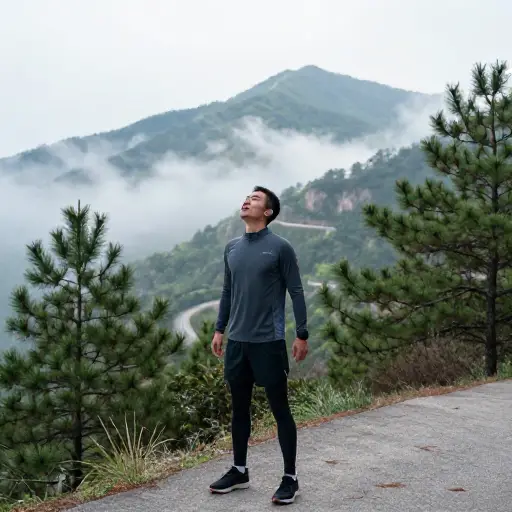 比赛前，那位运动员张大鼻孔，深深吸了几口清新的山间空气。