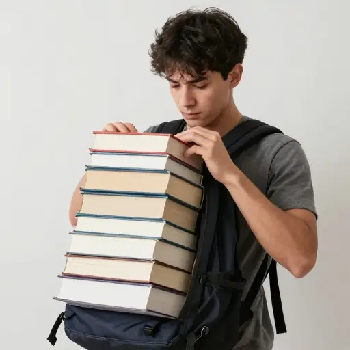 他拼命把所有的书都塞进了已经装满的背包里。