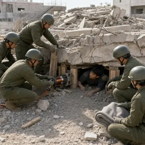 士兵们赶来营救地震后受困的人。