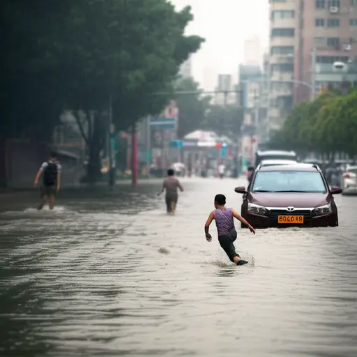 大雨导致城市街道发生严重洪涝。