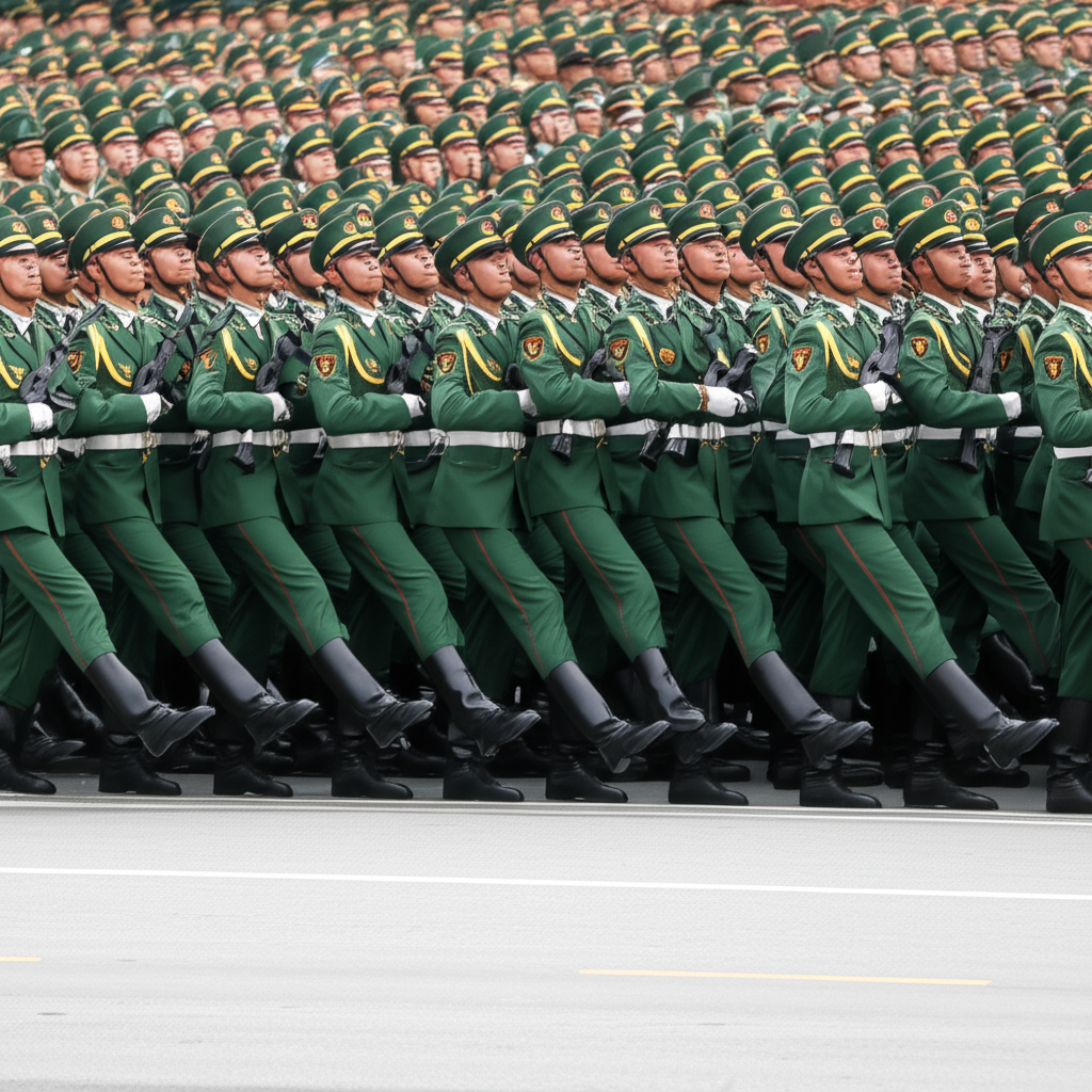 阅兵式上，士兵们步伐完全一致。