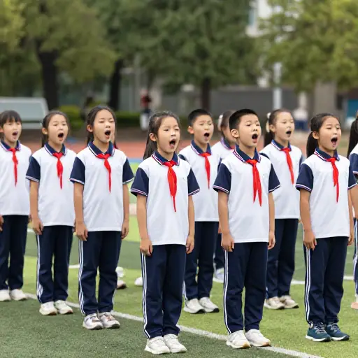 孩子们在操场上单调地唱着口号。