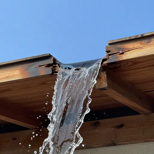 水从屋顶的一个洞里溅出来。
