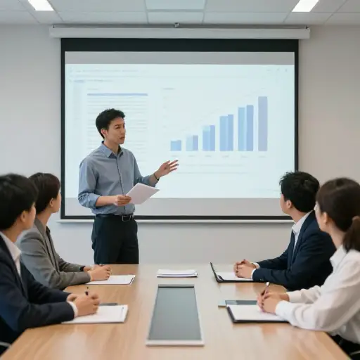 他在会议上向同事们展示了报告。