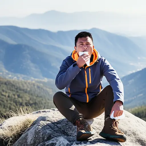 爬完山后，他气喘吁吁地坐在石头上休息。