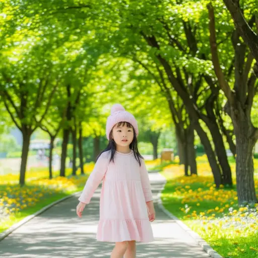 小女孩戴着粉色的软帽去公园。