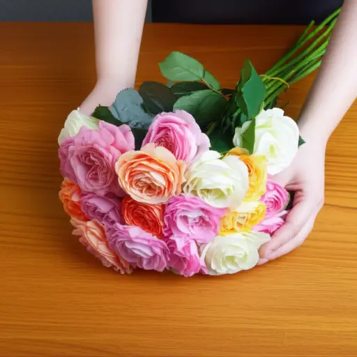 她轻轻地把花放在桌上。