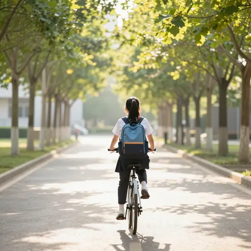她骑自行车上学。