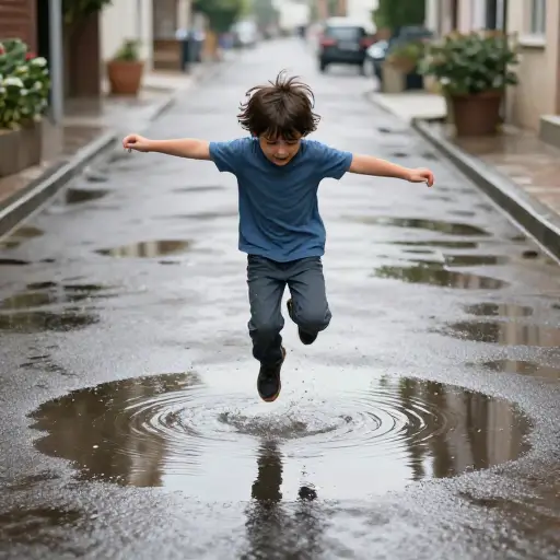 雨后跳过水坑很有趣。