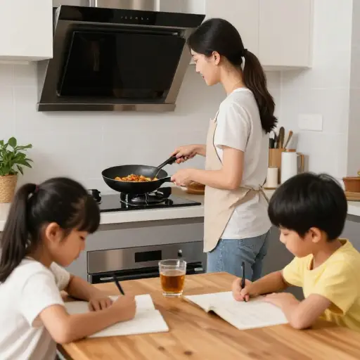 她可以同时做晚餐并帮助孩子们做作业。