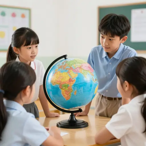 孩子们围着桌上的彩色地球仪观看。