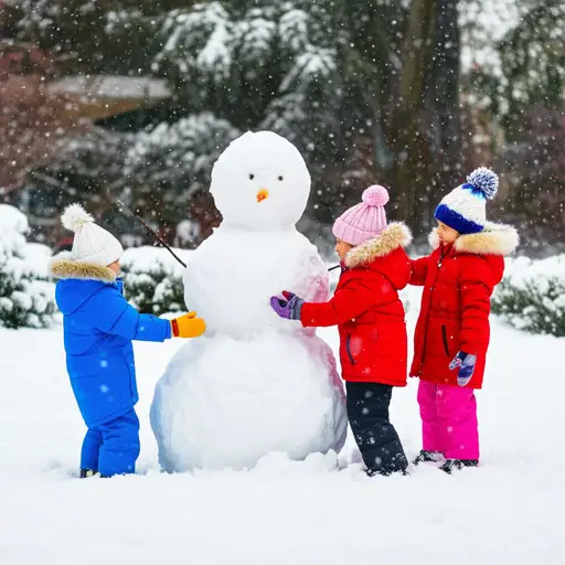 孩子们在雪天里堆雪人。