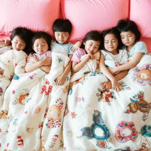 孩子们在床上盖着柔软的毯子睡着了。