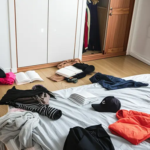 我的房间现在一团糟，到处都是衣服和书本。