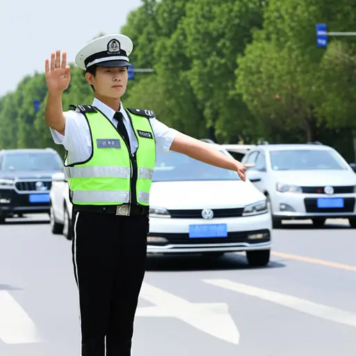 交警挥手示意车辆减速慢行。