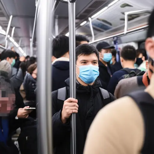 在拥挤的地铁上，他戴了口罩以防感染病毒。