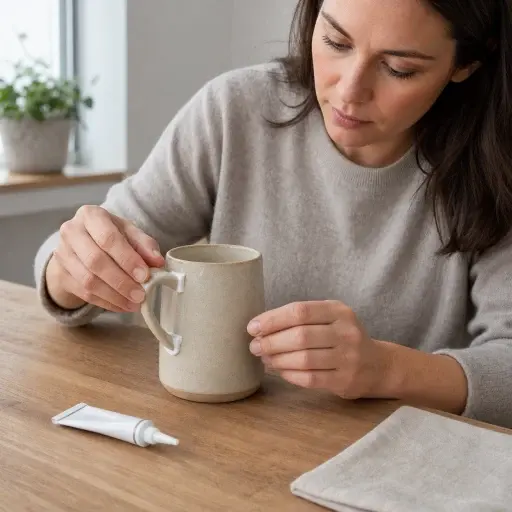她正在用特殊粘合剂将断掉的把手重新粘到杯子上。