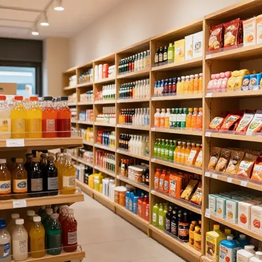 这家商店的货架上摆满了各种吸引人的商品。