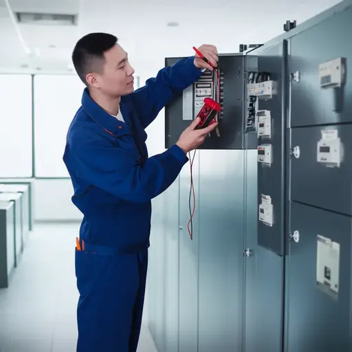 电工正在检查办公室的电线系统。