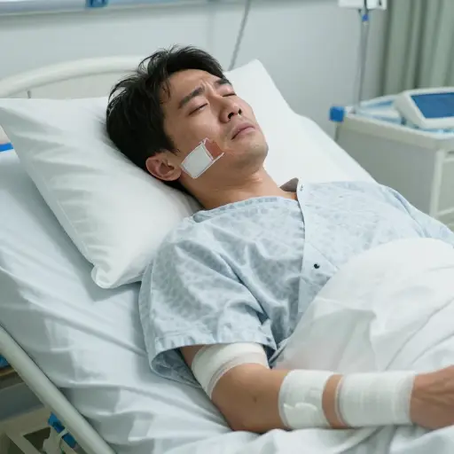 他仍有意识，但伤势严重。