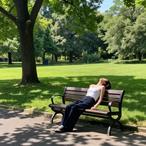 她喜欢在公园的长椅上以一种半躺的姿势晒太阳。