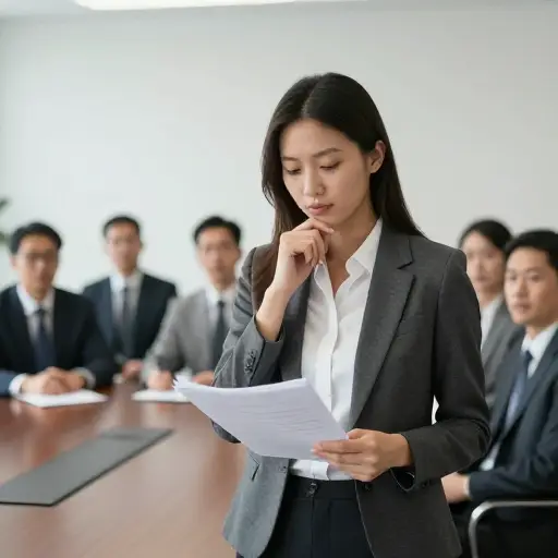 她在向专家小组发言前停下来整理思路。