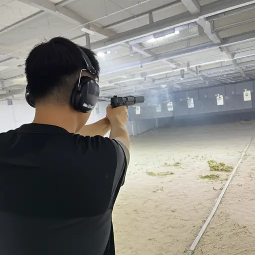 他用消音手枪在射击场练习，几乎听不到枪声。