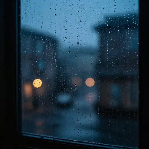 我只能听到雨滴打在窗玻璃上的声音。