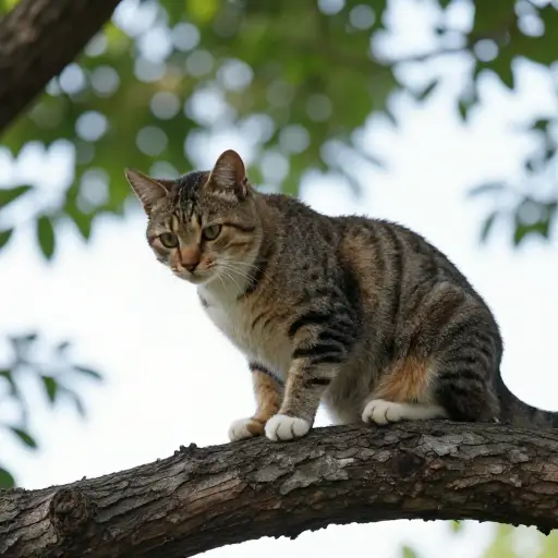 猫静静地趴在树枝上，随时准备跳下。