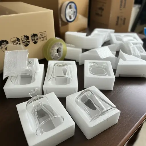 我们给易碎品裹上泡沫材料以防运输途中损坏。