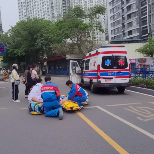 救护车上的医护人员迅速赶到事故现场进行急救。