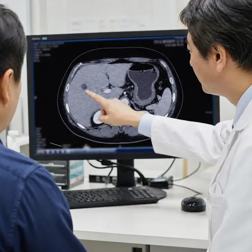 医生在检查中发现他的肝脏有一个小肿瘤。