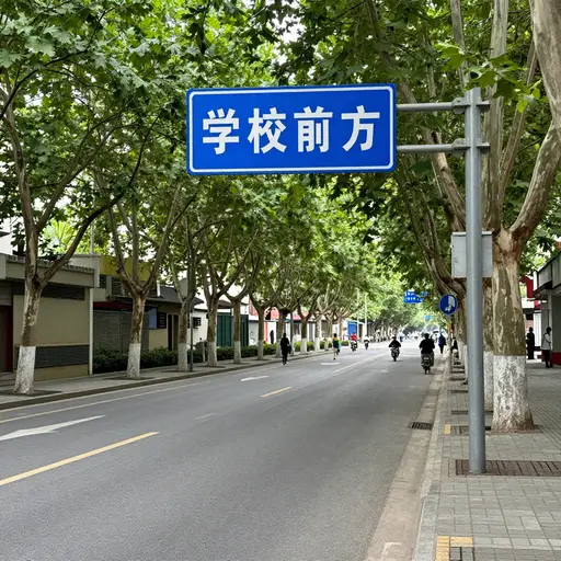 看那个路标，上面写着“学校前方”。