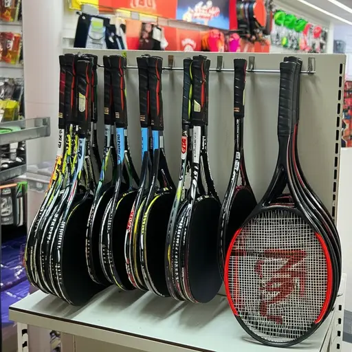 体育用品商店里有很多不同种类的球拍。