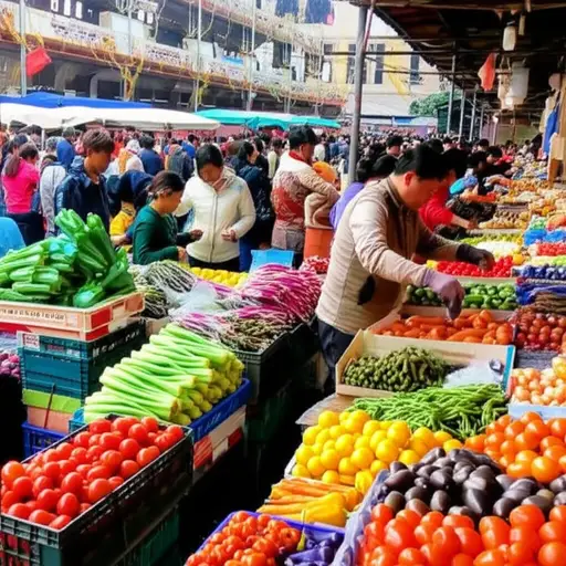 农产品市场上挤满了正在讨价还价的商贩。