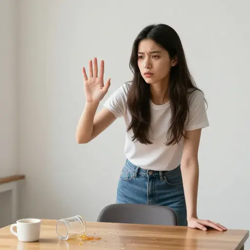 她站起来打招呼，结果在此过程中把饮料洒了。