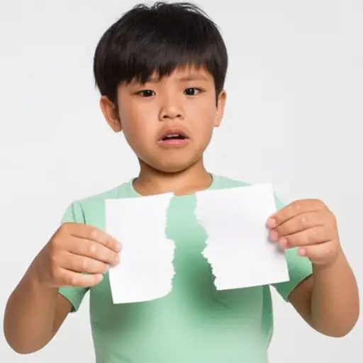 他不小心把纸撕成了两半。