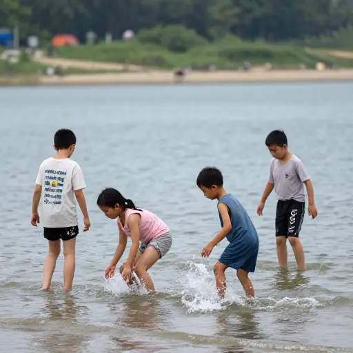 孩子们在水边的小浪花里玩耍。