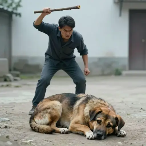 他们看见他用棍子打他的狗。