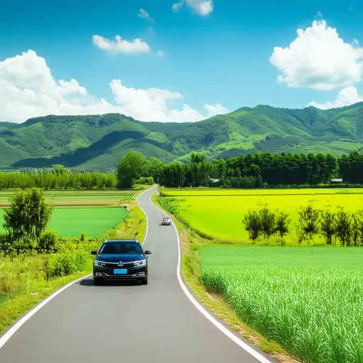 我们在乡间小路上缓慢行驶，享受着沿途的风景。