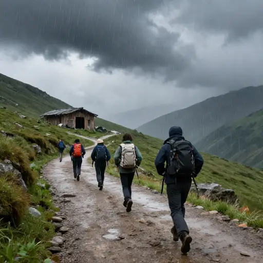 徒步旅行者在突如其来的暴风雨中寻找庇护。