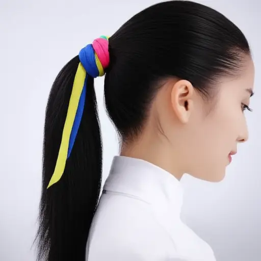 她用一条彩色发带扎起了马尾辫。