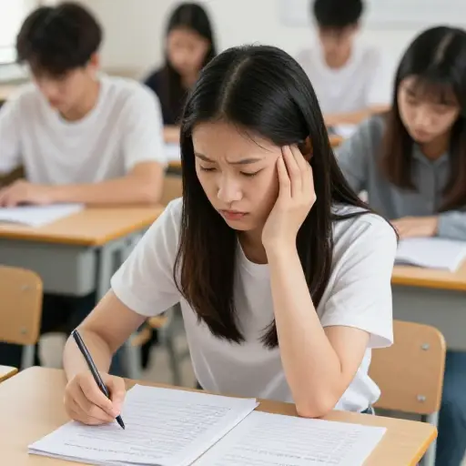 在艰难的考试中，她感到恐慌袭来，但她稳住了心神，成功集中了注意力。