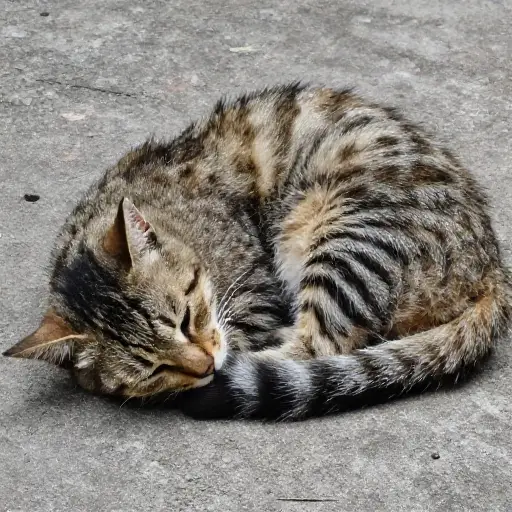 受伤的猫蜷缩着侧躺。