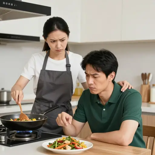 他知道自己对妻子厨艺的吹毛求疵正在损害两人的关系。