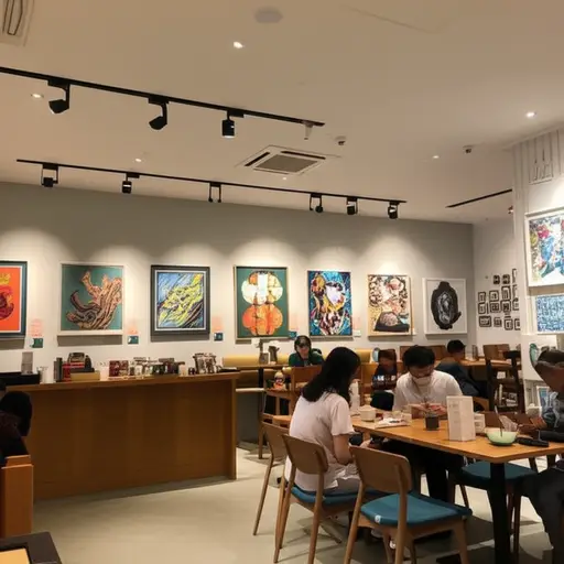 这个咖啡馆的墙上挂满了现代艺术品，营造出温馨的氛围。