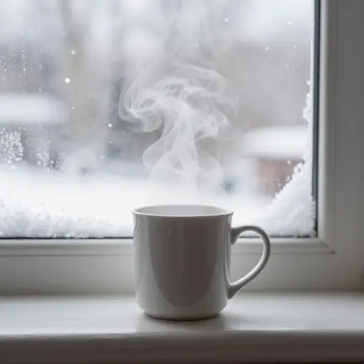 热水杯上方升起的水蒸气在寒冷的空气中清晰可见。